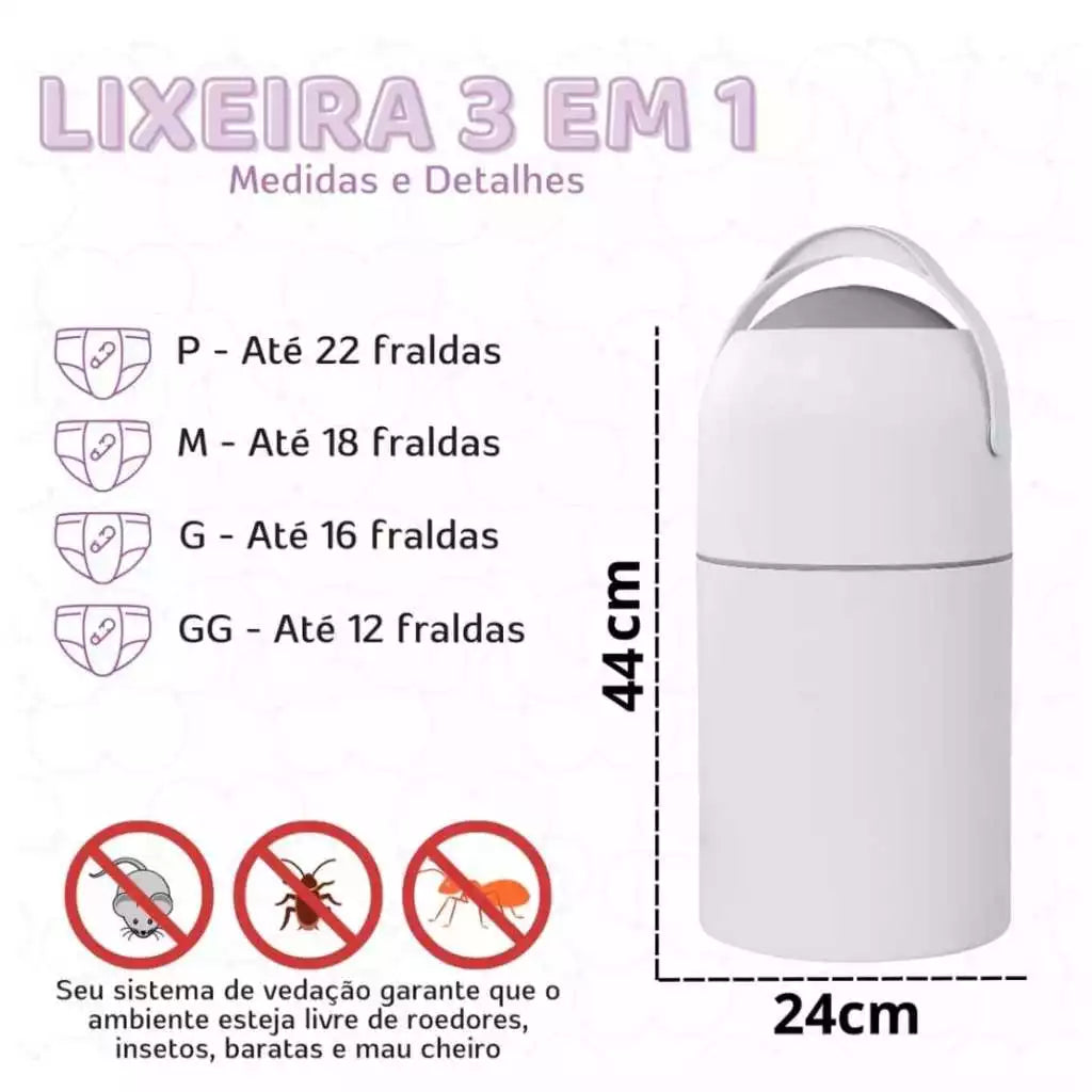 Lixeira Mágica Antiodor 3 em 1 para Bebê, Banheiro e Pets